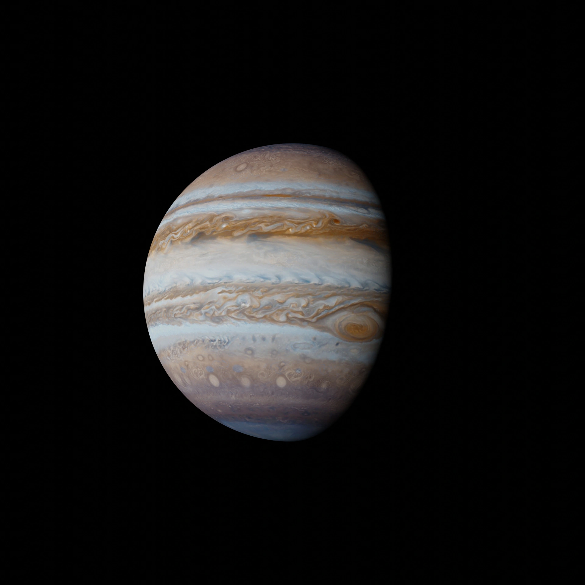  Planet Jupiter mit typischen Wolkenbändern und dem Großen Roten Fleck vor schwarzem Hintergrund