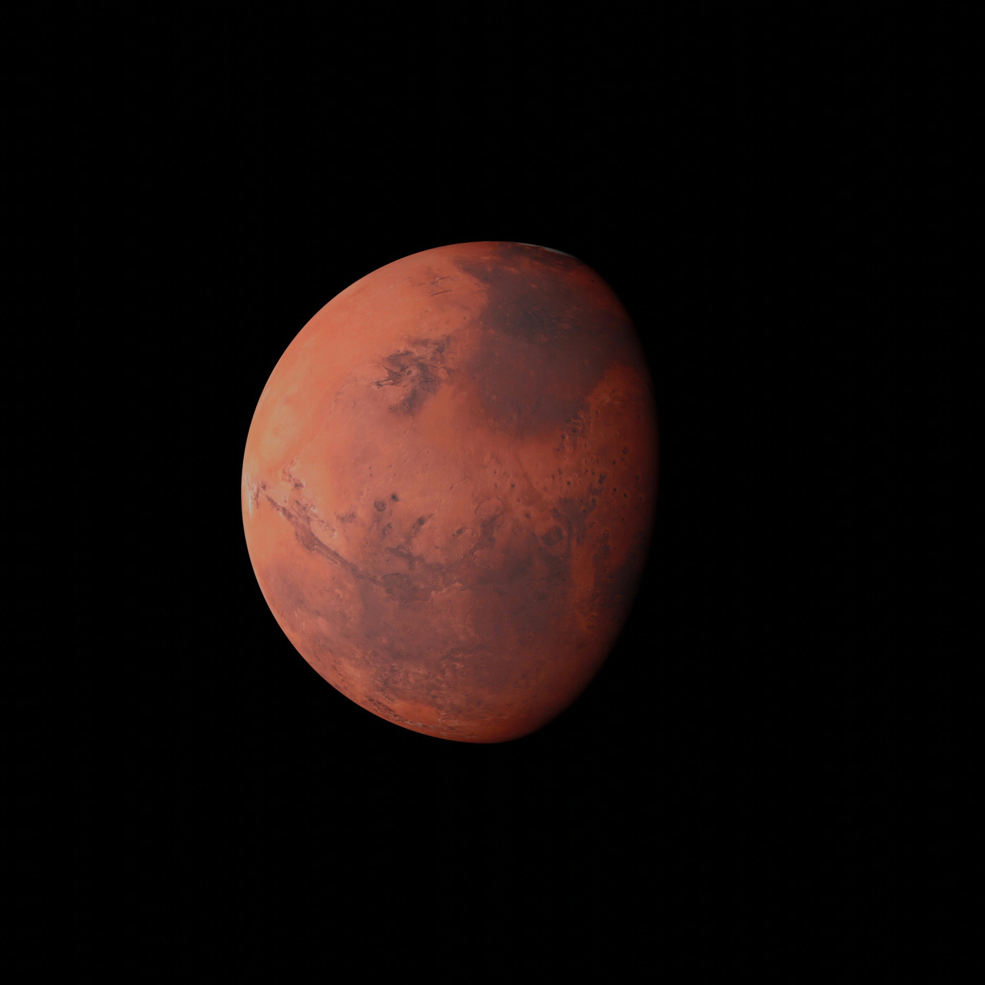  Planet Mars mit rötlicher Oberfläche und deutlich sichtbaren Kratern vor schwarzem Hintergrund