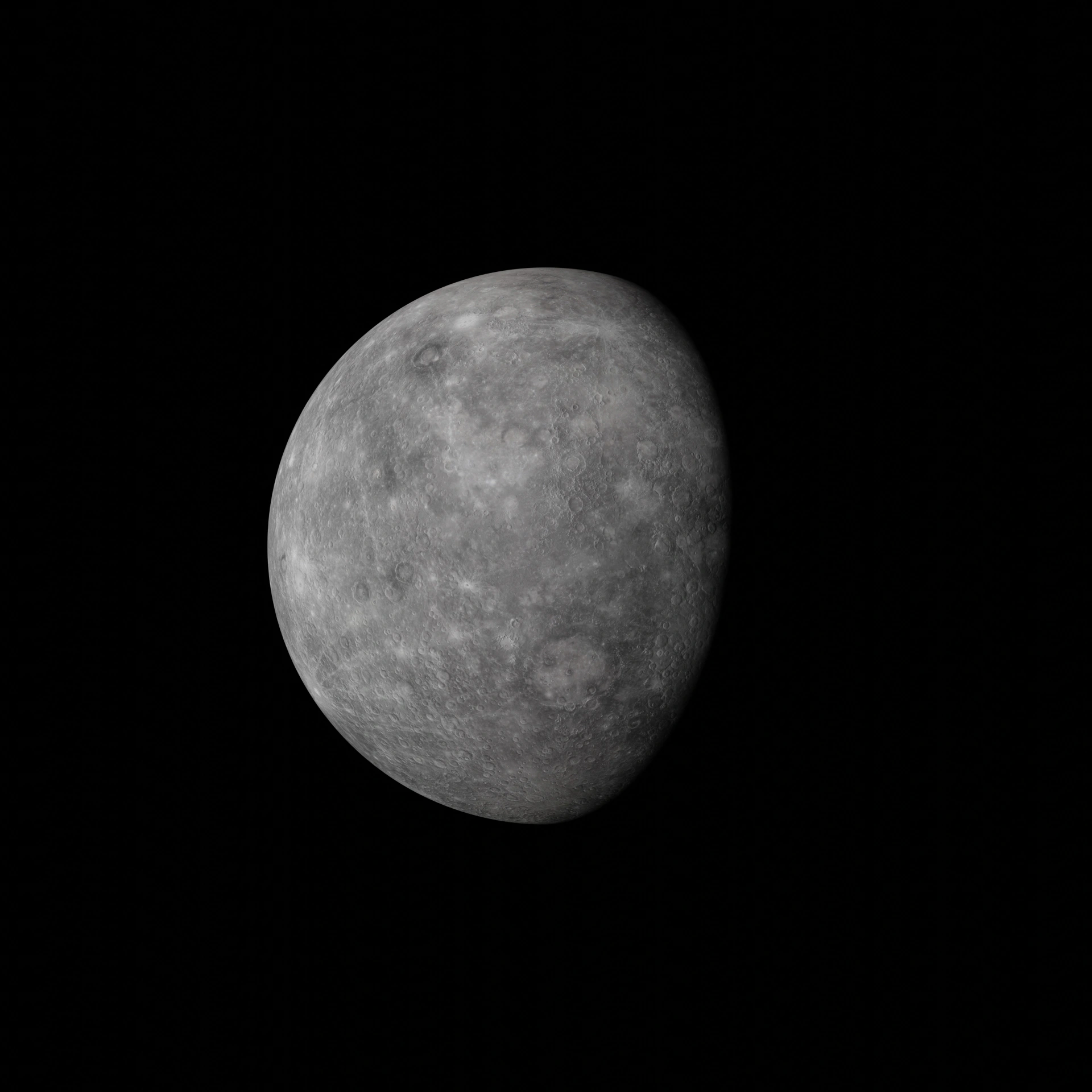 Planet Merkur mit grauer, kraterreicher Oberfläche vor schwarzem Hintergrund