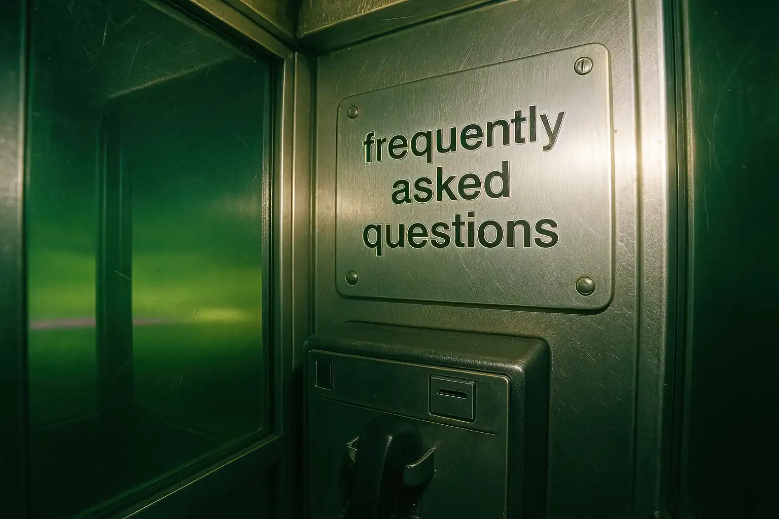 Innenraum einer Telefonzelle bei Nacht mit gravierter „frequently asked questions“-Plakette. Grün leuchtender Himmel im Hintergrund, harter Blitz, analoger Filmlook.