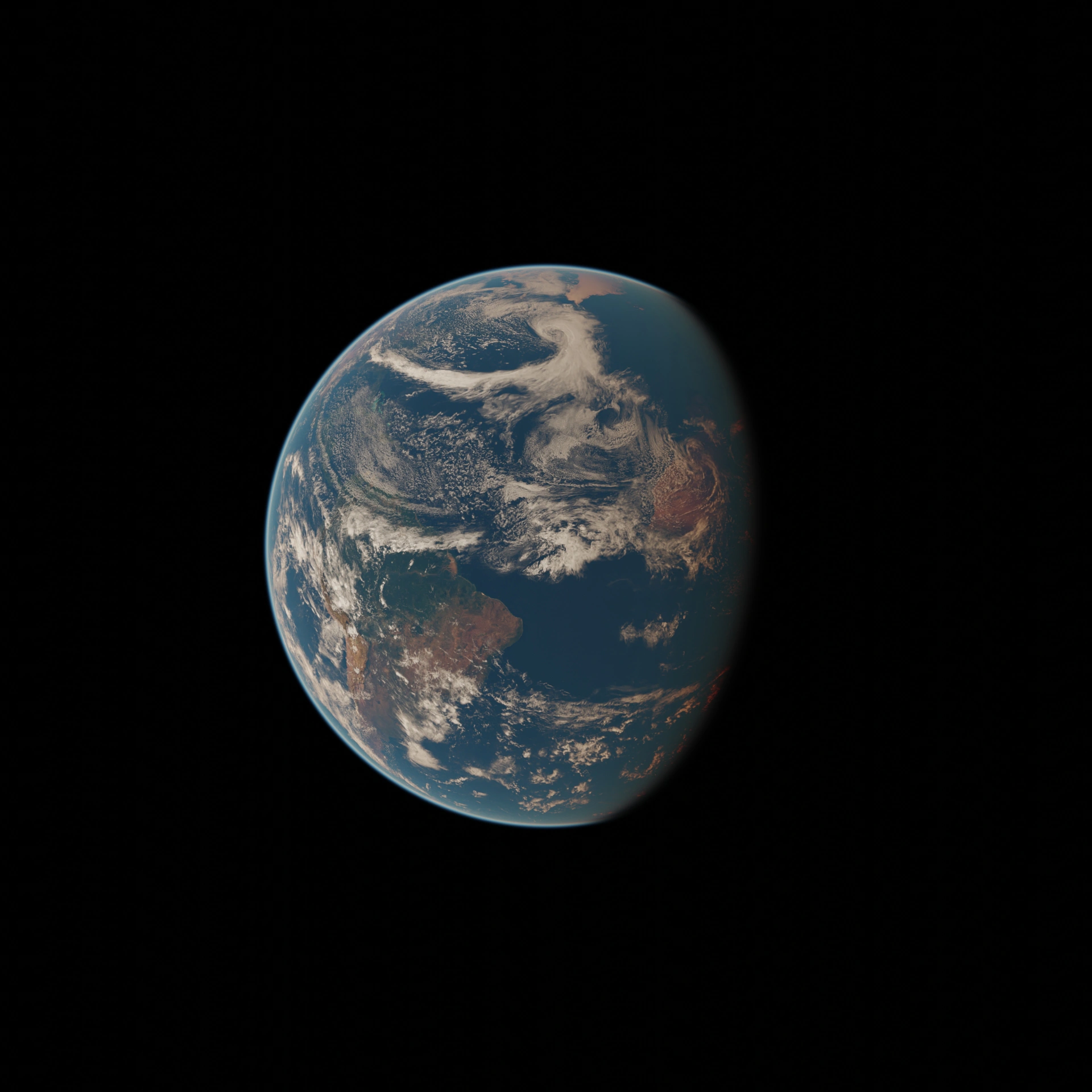 Planet Erde mit sichtbaren Kontinenten, Ozeanen und Wolkenfeldern vor schwarzem Hintergrund