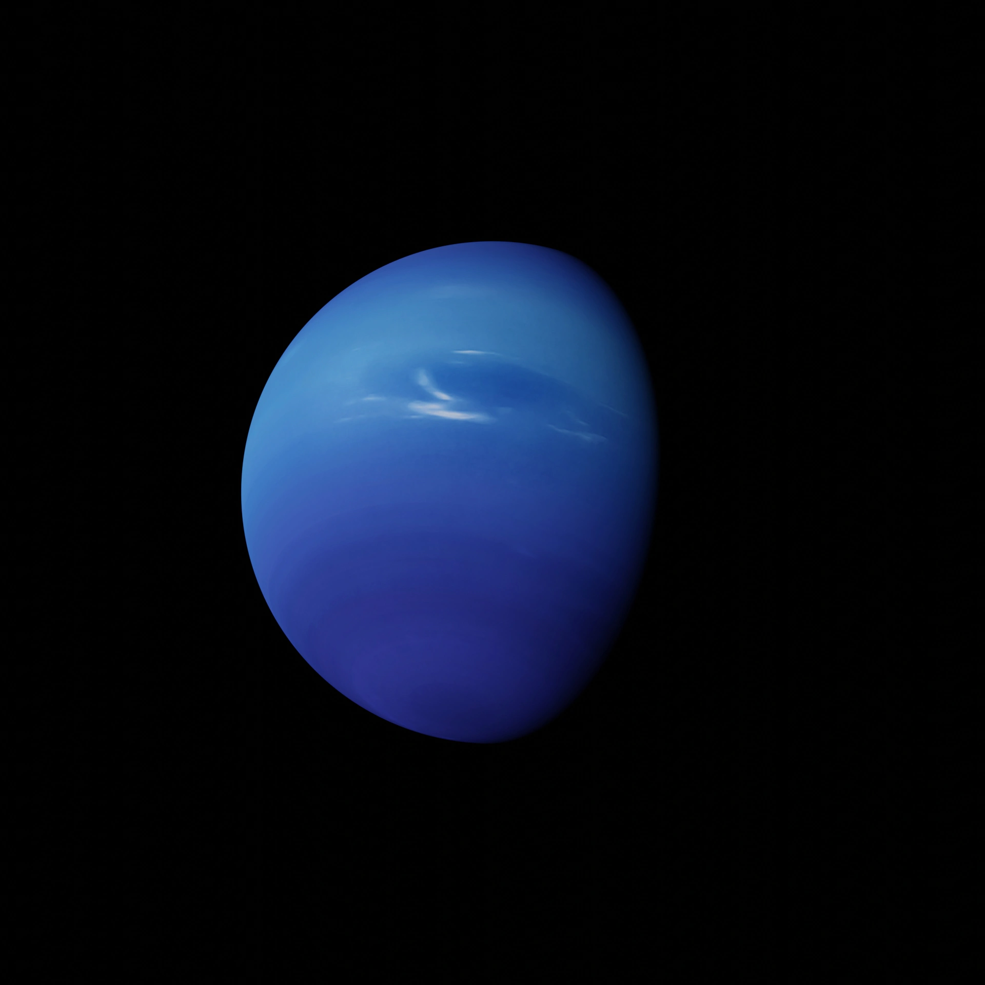 Planet Neptun in tiefem Blau mit hellem Wolkenschleier vor schwarzem Hintergrund